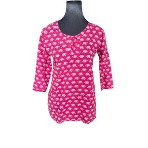 Pink Elephant Print Womens 3/4 Sleeve Cotton Tunic Top With Button Details